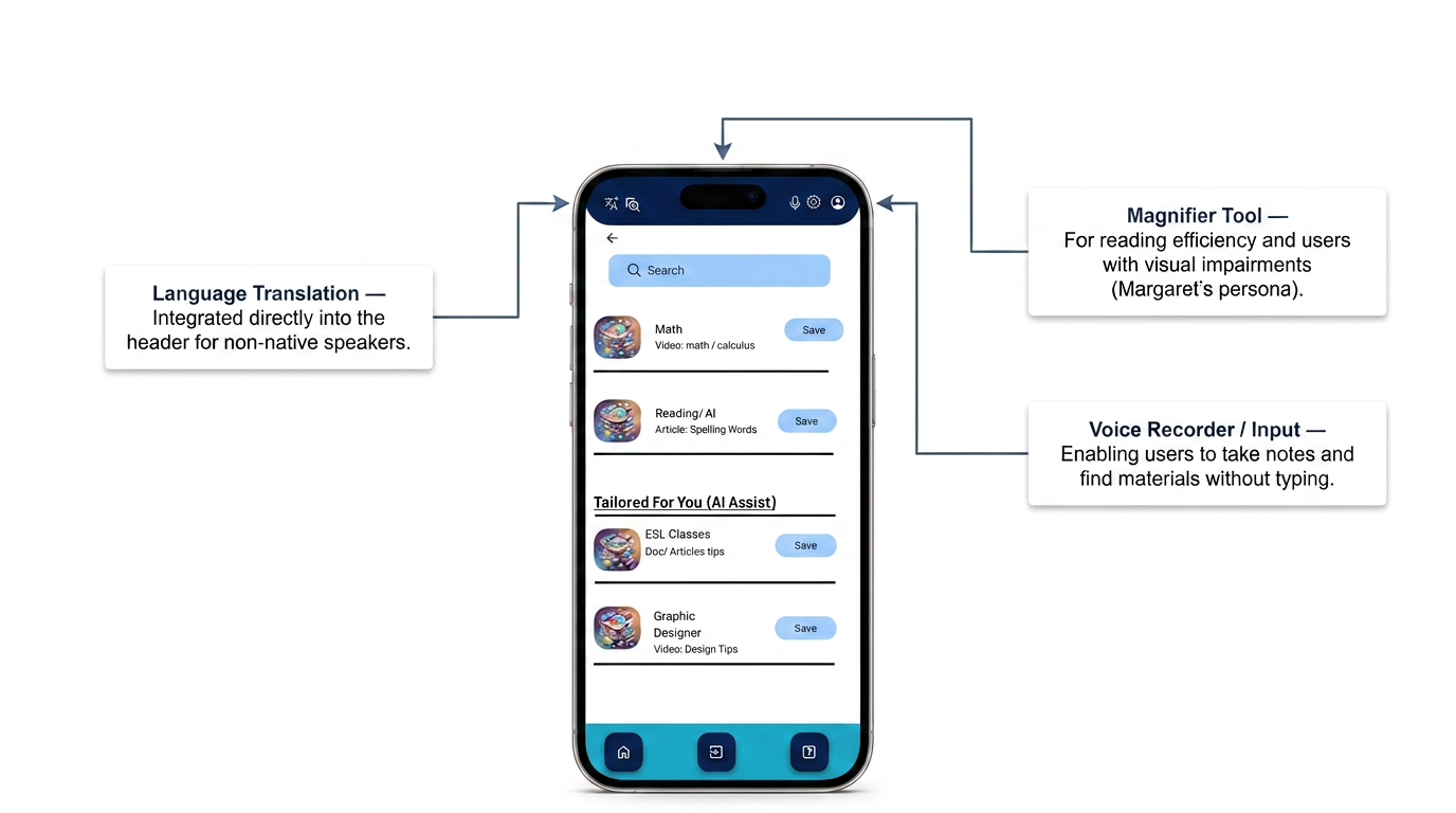 Accessibility as a core feature — annotated screen showing language translation, magnifier tool, and voice input
