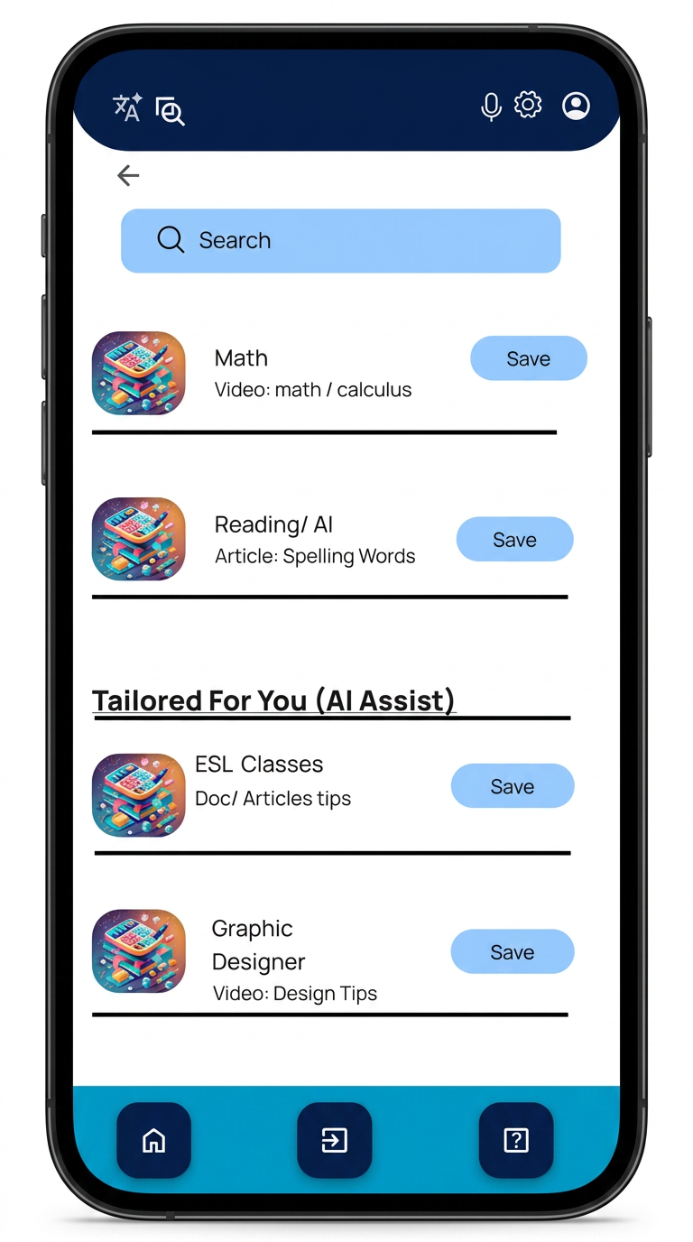 NaviLearn curated feed screen — search, saved lessons, and AI-tailored recommendations
