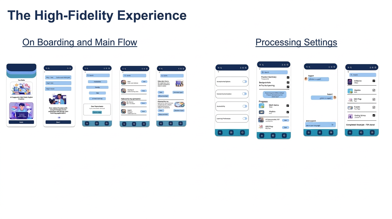 High-fidelity experience — onboarding & main flow alongside processing settings