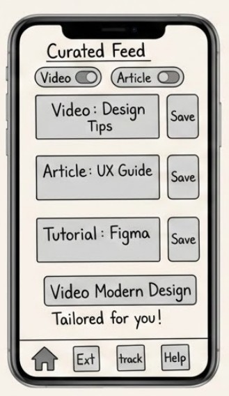 Paper wireframe — Frame A: curated feed