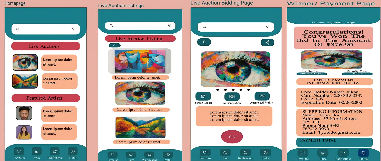 Final high fidelity screens for Tyo's Auction App — homepage, listings, bidding, and winner pages