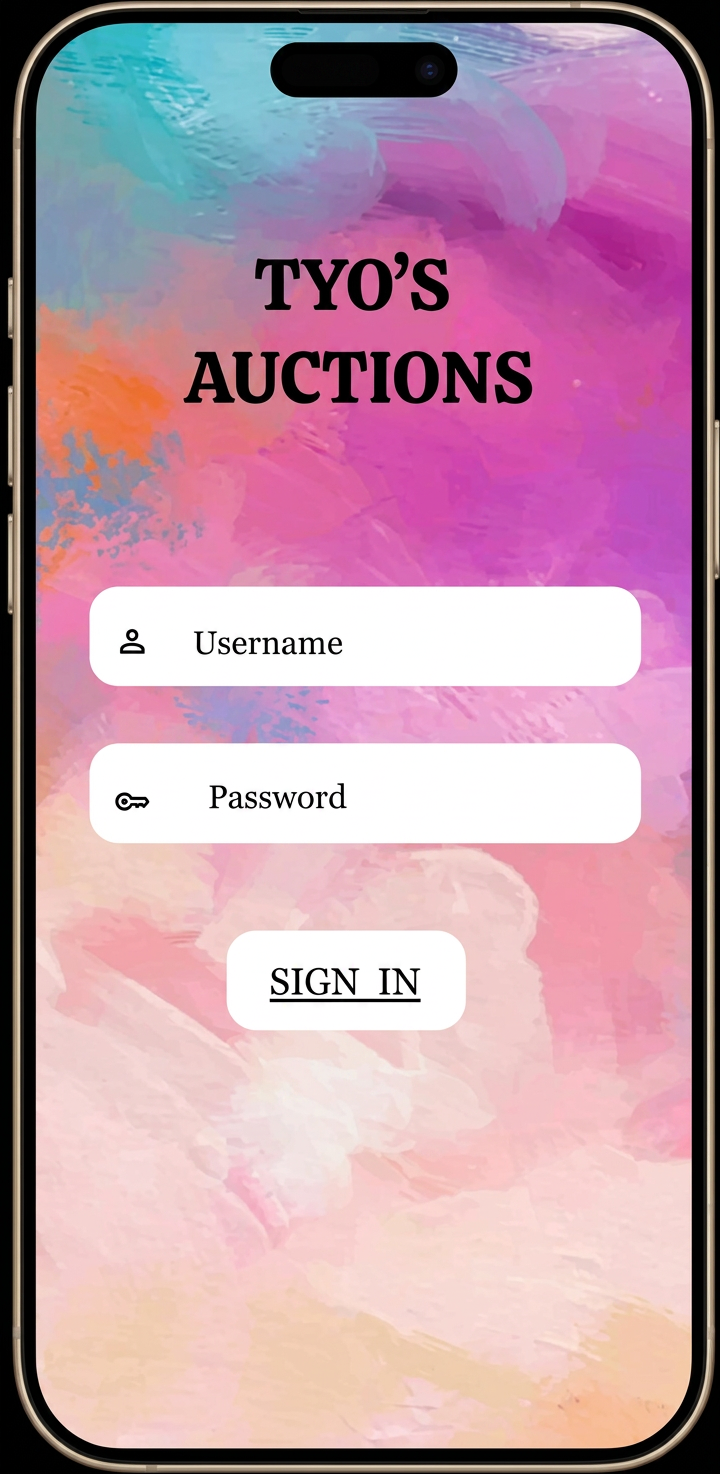 Tyo's Auction App home screen mockup