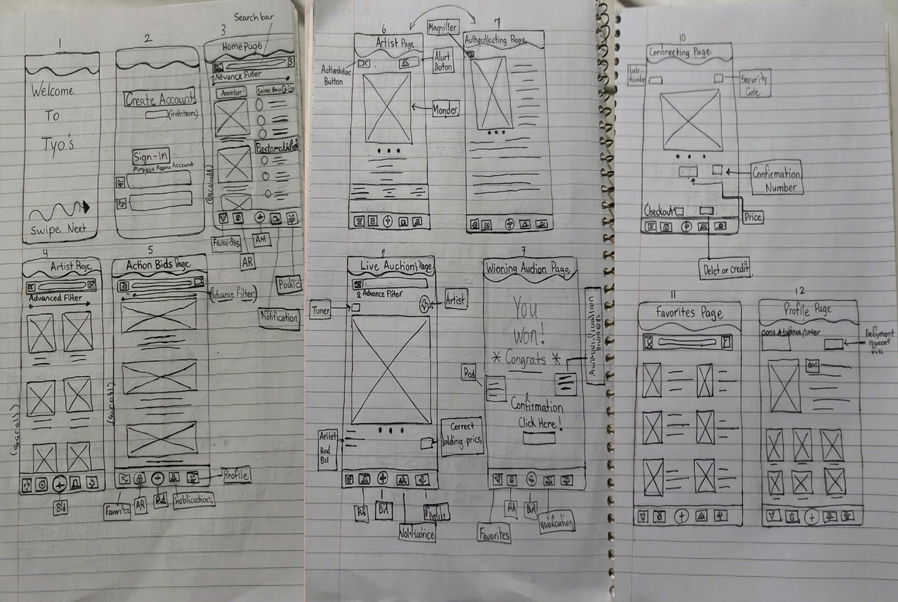 Paper wireframe sketches exploring multiple layout directions for Tyo's Auction App